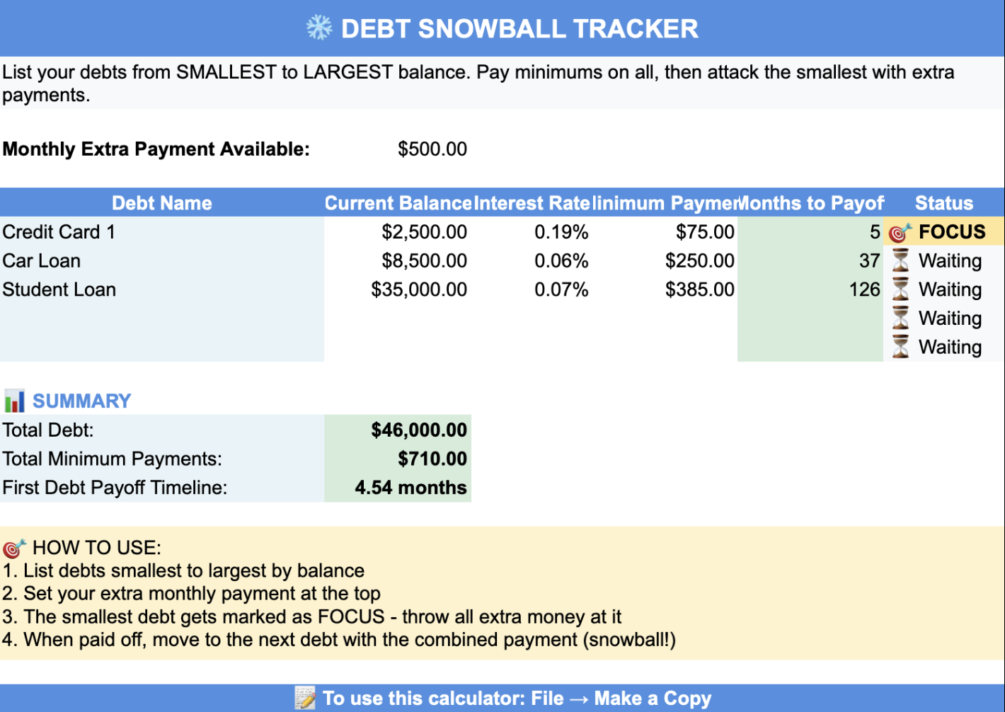Debt snowball calculator